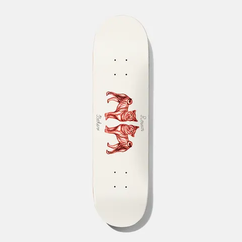 Baker Rowan Eraser Head 8.0 skateboard deck: Cream deck with two red-toned illustrated dogs standing in a mirrored pair, nose to nose, with a handwritten-style name and brand beside them.