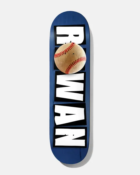 Baker Rowan Icon No Hitter 8.25 skateboard deck: The rider's surname in white block letters on black tiles down a blue deck, with a photograph of a scuffed baseball replacing the first letters.