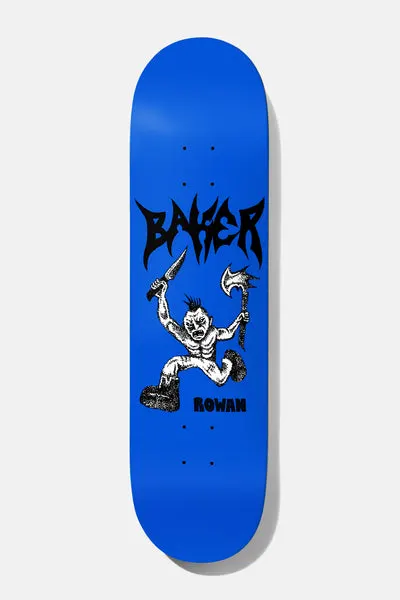 Baker Rowan Kill 8.25 skateboard deck: Bright blue deck with the Baker name in black spiky metal-style lettering above a crudely drawn white punk figure with a mohawk, running with a knife and an axe. Rider's name beside his boot.