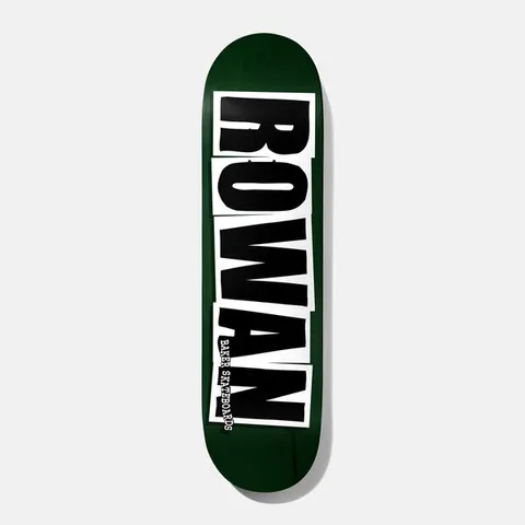 Baker Rowan Logo Green 8.125 skateboard deck: Rider surname ROWAN in huge black capitals, each letter on its own white cut-out block, running the length of a dark green deck. Baker Skateboards in small type at the bottom.