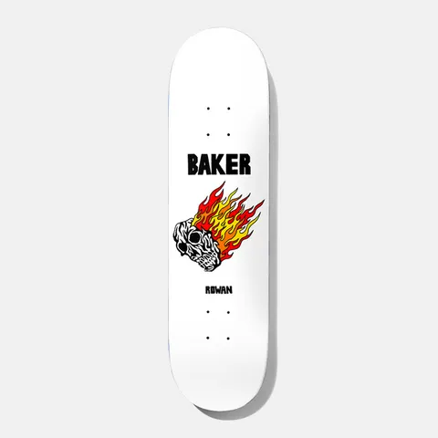 Baker Rowan Misty Flip Judo Chop 8.125 skateboard deck: Black and white skull with a flaming trail of red, orange and yellow flames, on a plain white deck. Baker logo in black block capitals above and rider name below.