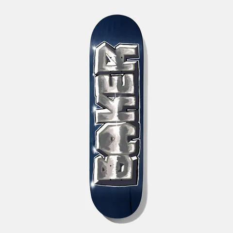 Baker Rowan Part Machine B2 8.5 skateboard deck: Chunky graffiti-style Baker lettering rendered in shiny chrome with white and black outlines and glints, running down the length of a navy blue stained deck.