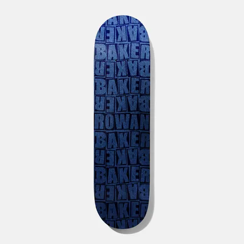 Baker Rowan Pile Blue B2 8.25 skateboard deck: Repeating pattern of stacked, tilted and mirrored block-letter BAKER logos in blue glitter-textured ink on a dark navy ground, with the rider's name ROWAN replacing one tile mid-deck.