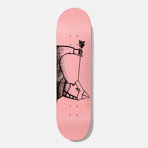 Baker Rowan Presley 8.125 skateboard deck: A rough black stencil-style drawing, rotated sideways, of a hooded figure with a pointed mask or beak holding up an arrow, on a plain pink deck.