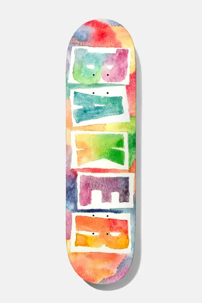 Baker Rowan Rainbow 8.25 skateboard deck: White block-letter BAKER logo with each letter filled in a different watercolour wash, over a tie-dye style rainbow watercolour background.