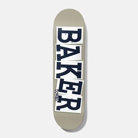 Baker Rowan Ribbon Grey B2 8.125 skateboard deck: Baker logo in large navy block capitals, each letter on a slightly tilted white paper strip, running down a plain taupe-grey deck. Small rider name 'rowan' beside the lower letters.
