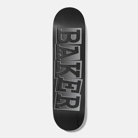Baker Rowan Ribbon Name Black B2 8.5 skateboard deck: The brand name is set in large, stacked, ragged-cut ribbon lettering, in dark grey and black with a halftone gradient on a black ground.