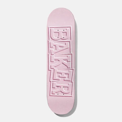 Baker Rowan Ribbon Pink 8.25 skateboard deck: Pale pink deck with the Baker name in large ribbon-style block letters filling the length, outlined in white and shaded in dark pink.