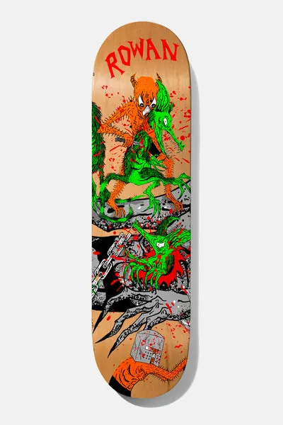 Baker Rowan Toxic Rats 8.38 skateboard deck: Cartoon scene of orange and green furry rat-like creatures fighting over grey clawed hands and a chain, with an orange armoured hand at the base and red blood splatter. ROWAN in red lettering at the top, on bare natural wood.