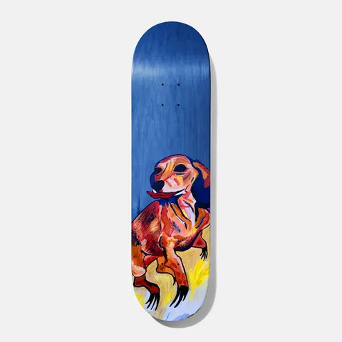 Baker Rowan Ty Segall 8.25 skateboard deck: Expressive painted dachshund in orange, red and blue brushstrokes sitting at the bottom of a blue stained deck, with yellow and pale blue paint beneath it.