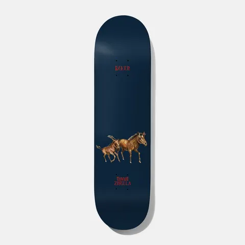 Baker Rowan Waters 8.25 skateboard deck: Painted brown mare with a foal trotting beside her, on a plain navy deck. Baker in small red lettering near the top and the rider name near the tail.