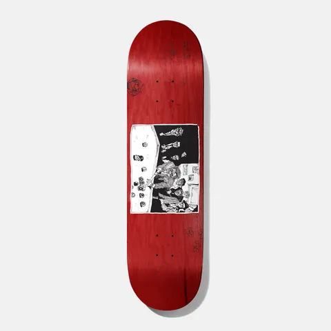 Baker Santino Team 8.5 skateboard deck: A small black and white comic-style drawing of a crowded scene, with a row of heads on the left and a cluster of figures beside a dark wall on the right, sits in the centre of a red stained deck. A few small doodles are scattered around it.