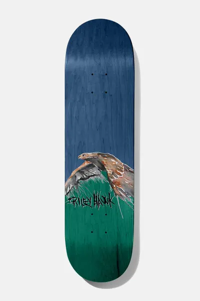 Baker Hawk Shep Dawgs 4 8.38 skateboard deck: A painted hawk in flight with brown and grey wings over green grass, against a blue-stained upper half and green-stained lower half. Hand-lettered rider name across the lower part.