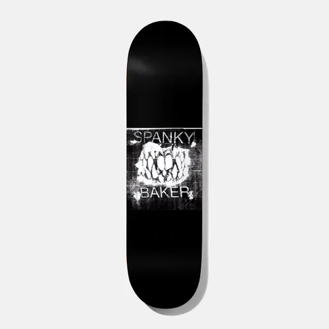 Baker Spanky Distressing Sensation 8.125 skateboard deck: Black deck with a square, grainy black-and-white photocopied panel showing a snarling, toothy mouth in white, with the rider name above and brand name below the teeth.