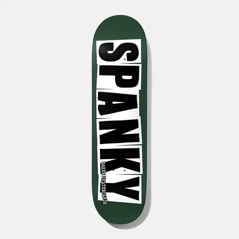 Baker Spanky Logo Forest B2 8.5 skateboard deck: The name SPANKY in huge black capitals on torn white paper-cut strips, in a ransom-note style, running the length of a forest green deck. Small Baker Skateboards text runs along the tail.