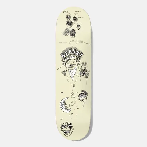 Baker Spanky Santino 8.0 skateboard deck: Black ink doodles of grotesque cartoon faces, a man in a jacket and tie with 'SPANKY' across his head, a smiling crescent moon and scribbled notes, on a cream deck.
