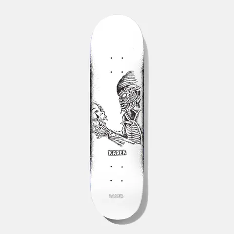 Baker Kader Stipple 8.5 skateboard deck: White deck with a black stippled ink drawing of a hooded skeletal creature grabbing a screaming person by the throat. KADER is in a small label in the middle and BAKER at the tail.