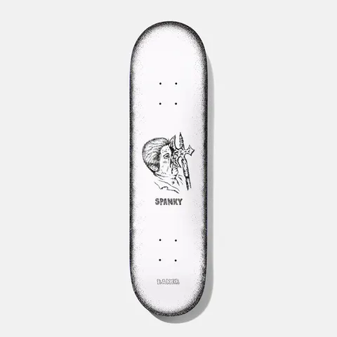 Baker Spanky Stipple 8.125 skateboard deck: White deck with a black stippled edge fade and a small dotwork drawing of an old man's head with a fantasy trident-like weapon in front of his face. Spanky named below and Baker logo at the tail.