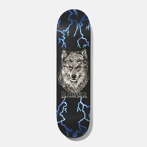 Baker Spanky Wolf 8.25 skateboard deck: Detailed pen-style drawing of a wolf's head with the Baker name beneath, surrounded by blue-white lightning bolts on a black deck.