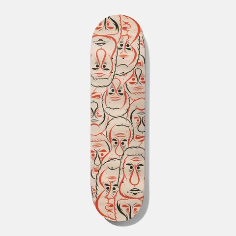 Baker Steamer Barry 8.0 skateboard deck: All-over pattern of overlapping cartoon faces with big noses and sleepy eyes, drawn in red-orange and black line on bare natural wood, in a folk-art style.