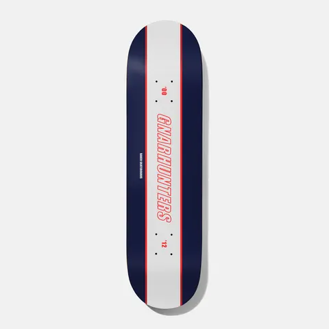 Baker Steamer Gnarhunters X Baker 8.25 skateboard deck: Navy deck with a central white stripe edged in red, carrying the red outlined italic word Gnarhunters running down it, with 00 and 12 date marks and a tiny Baker Skateboards line.