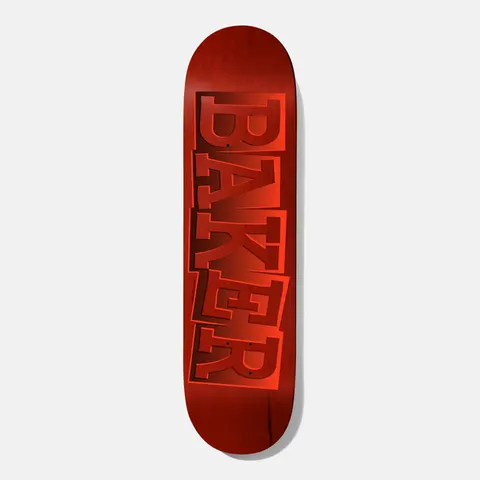 Baker Steamer Ribbon Name Red B2 8.25 skateboard deck: The brand name is set in large, stacked, ragged-cut ribbon lettering in red shades with a halftone gradient on a red-stained ground.