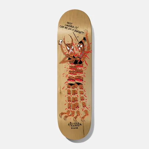 Baker Steamer Throwback From The Dead 8.0 skateboard deck: Hand-drawn cartoon of a severed, bleeding giant centipede or insect taking a selfie with a samurai, with the speech 'Shit! I missed it! Can we do it again?!' on a natural wood deck.