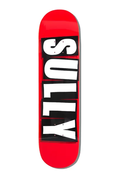 Baker Sully Logo B2 8.25 skateboard deck: Bright red deck with the word SULLY set in tall, heavy white capitals on a black block, running the length of the board in a cut-and-paste style.