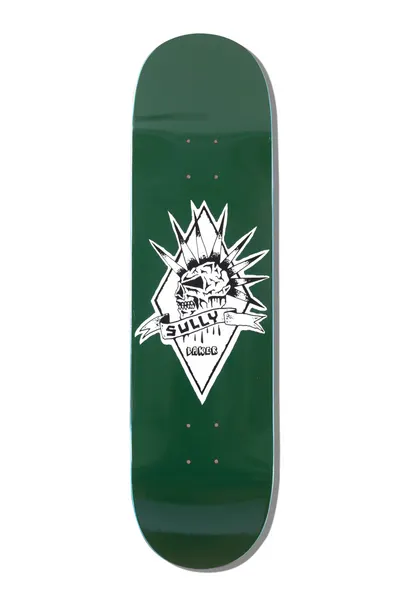 Baker Sully Skully 8.5 skateboard deck: A white line-drawn punk skull with a spiked mohawk inside a diamond outline, with a banner across it reading the rider name, on a dark green deck.
