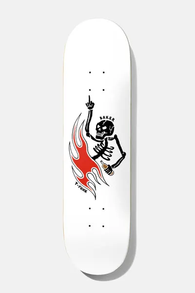 Baker T - Funk Beer 8.6 skateboard deck: A black skeleton raises one finger and holds a bottle, with a red flame at its side, on a white deck with small 'BAKER' and 'T-FUNK' lettering.