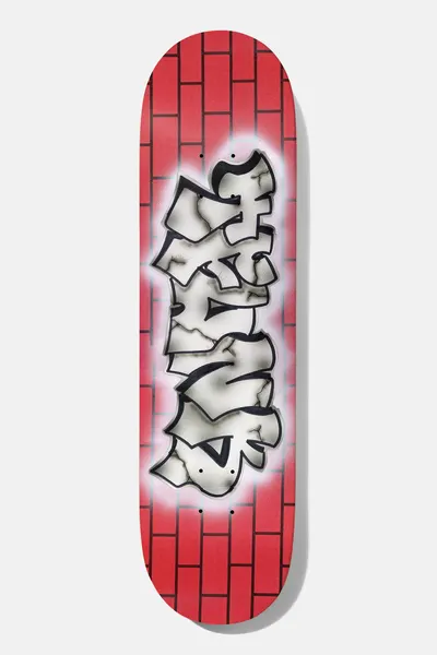 Baker T - Funk Brickhouse 8.75 skateboard deck: Graffiti-style throw-up lettering in cracked white and grey with black outlines and a white airbrushed glow, set over a red brick wall pattern.