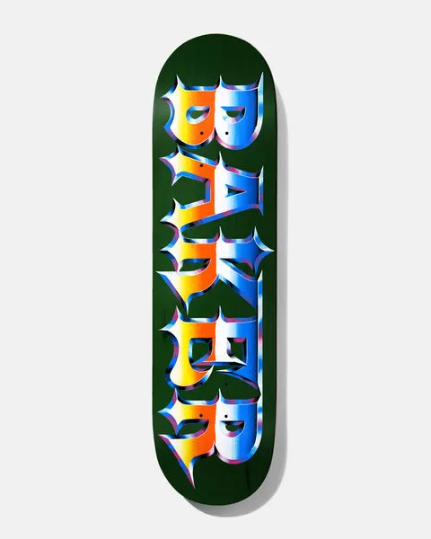 Baker T - Funk Chrome Zone 8.7 skateboard deck: The Baker name in spiky, gothic-style chrome lettering with an orange-to-blue gradient and pink edging, stacked down a dark green deck.