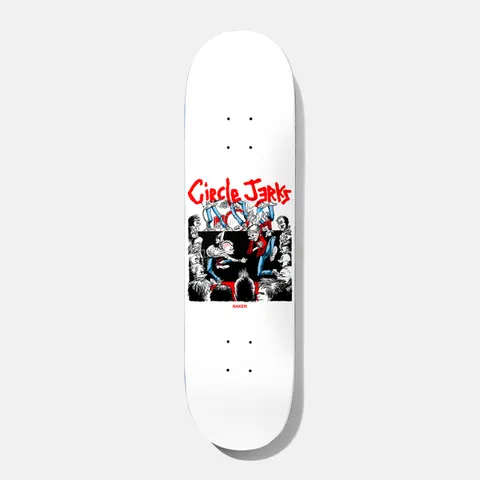 Baker T - Funk Circle Jerks 8.25 skateboard deck: A punk gig scene in black, red and blue ink: a crowd of spiky-haired punks and stage divers with the band name scrawled in red marker-style lettering above. Small Baker label beneath.