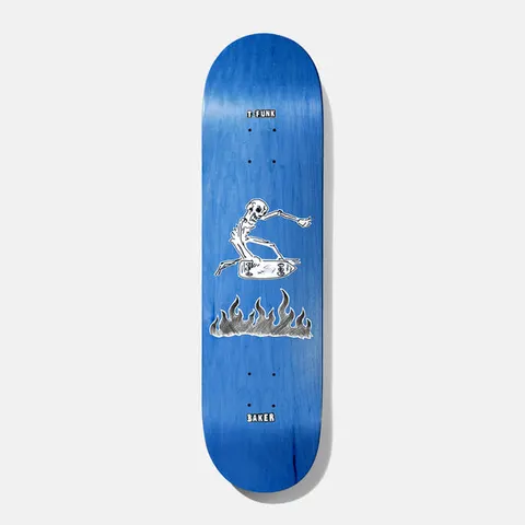 Baker T - Funk Cremation Mayhem 8.125 skateboard deck: A white skeleton rides a coffin-like board through the air above a row of hatched flames, drawn in simple black line work on a blue stained deck. The rider's name sits at the nose and Baker at the tail.