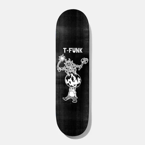 Baker T - Funk Crop Circles 8.5 skateboard deck: A white line drawing of a horned, armed demon riding on a flaming globe carried by a small man on foot, on a black deck. Name in blocky white lettering at the top.
