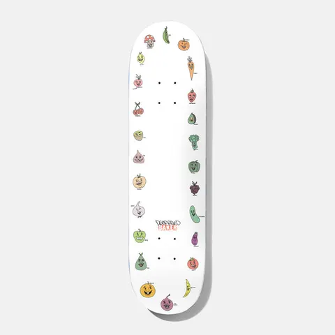 Baker T Funk Deep Fried 8.5 skateboard deck: Ring of small cartoon smiling fruit and vegetables, including mushroom, pea pod, carrot, cherries, strawberry and banana, around the edge of a white deck with a small Baker logo near the tail.