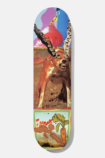 Baker T - Funk Desk Shrapnel 8.25 skateboard deck: Collage of a snarling brown wild dog with chain-like horns made of tiny faces, against a pink, purple and blue abstract top, with a cartoon carrot and smoke cloud panel at the tail.