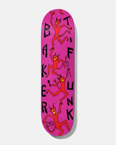Baker T - Funk Devil Boi skateboard deck: Four red cartoon devils with horns, tails and pitchforks climb one above another down a hot pink deck, with Baker and T-Funk spelled in tall black letters along either edge.