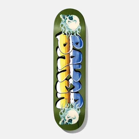 Baker T - Funk Faster 8.5 skateboard deck: Olive green deck with bubbly graffiti-style letters filled in yellow and blue, flanked by two flaming pale skulls at either end.