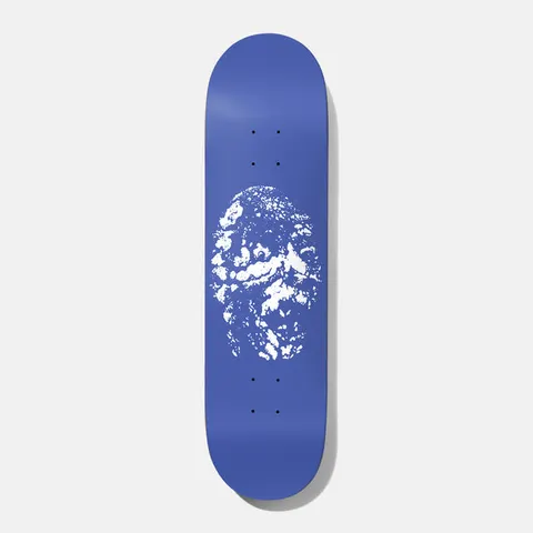 Baker T - Funk Gravel Pit Slick 9.0 skateboard deck: Periwinkle blue deck with a white, grainy high-contrast image of a rough, rocky or weathered face-like shape in the centre.