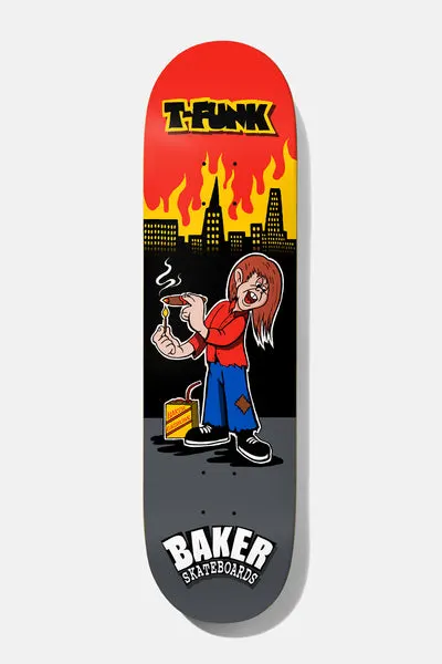 Baker T - Funk Lampwick 8.25 skateboard deck: A cartoon long-haired boy in red shirt and patched blue jeans lighting a cigar with a match beside a petrol can, in front of a burning city skyline. Name in yellow lettering at top, Baker logo at bottom.