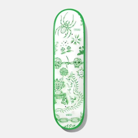 Baker T - Funk Lunacy 8.3875 skateboard deck: White deck with a green rim and a scatter of green line-drawn flash tattoo motifs: a spider, mushrooms, a sun face, skulls on barbed wire, a flaming character, a spiked serpent and a chain.