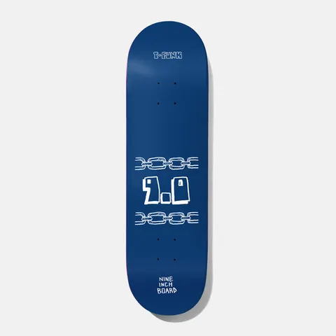 Baker T - Funk Mega 9.0 skateboard deck: A navy blue deck with a hand-drawn white 9.0 between two lengths of chain, rider name at the top and Nine Inch Board text near the tail.