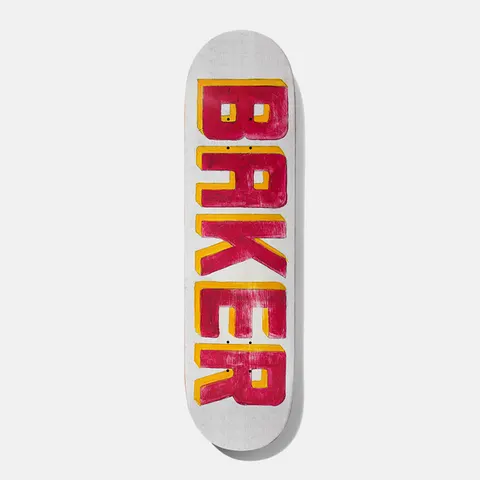 Baker T - Funk Painted B2 8.38 skateboard deck: The Baker name in large hand-painted, brushy red capitals with a yellow drop shadow, stacked down a white deck.