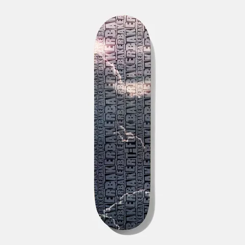Baker T Funk Repeat Grey B2 8.5 skateboard deck: Grey deck covered in a repeating pattern of the Baker box logo, with a faint lightning-like crackle and a pinkish glare across it. T-Funk name appears in the pattern.