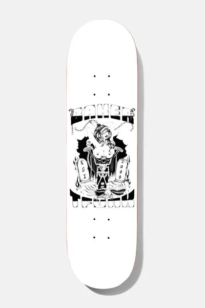 Baker T - Funk Skate Creep 8.5 skateboard deck: Black-and-white ink illustration of a woman with long hair seated on a motorbike between two flaming gravestones, with chains and a skull motif. Baker lettering arches over the top and T-Funk lettering curves below.
