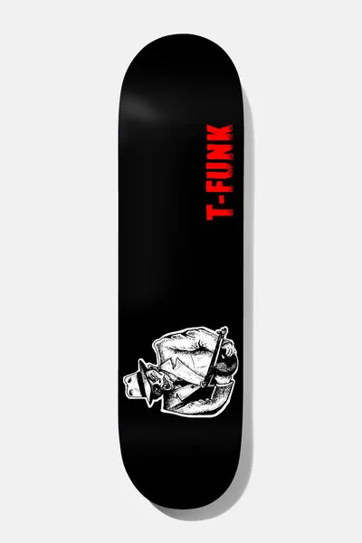 Baker T - Funk Take the Cannoli 8.6 skateboard deck: Small black-and-white inked figure in a fedora and trench coat holding a machine gun, near the tail of a plain black deck, with T-FUNK in red vertical lettering up the right side.