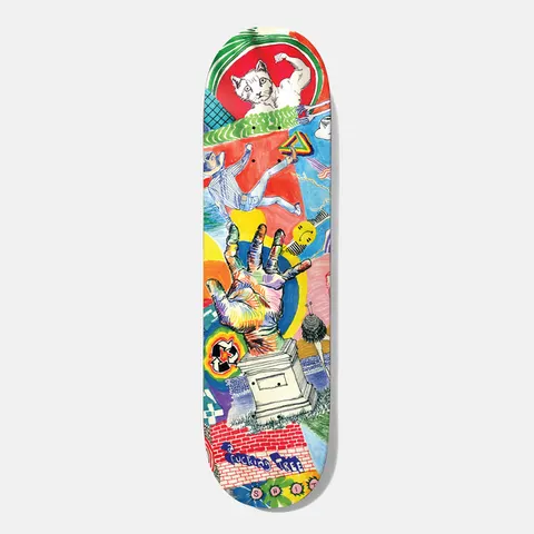 Baker T - Funk Thoughts 8.5 skateboard deck: Colourful crayon-style collage of a white cat flexing its arm, a large multicoloured hand on a plinth, a smiley, a falling figure and a brick wall with handwritten text.