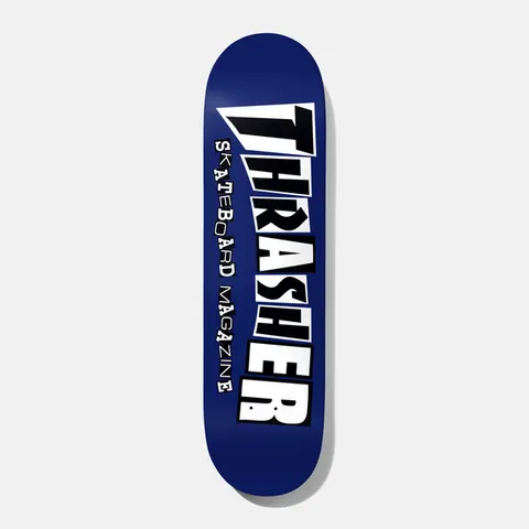 Baker T - Funk Thrasher Navy 8.5 skateboard deck: The Thrasher magazine logo fills the deck in black and white block lettering on a flat navy blue background, with the words Skateboard Magazine running up the side.