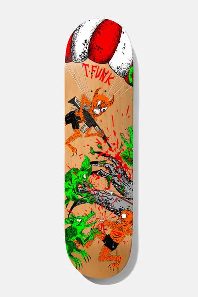 Baker T - Funk Toxic Rats 8.5 skateboard deck: Cartoon scene of an orange rat parachuting in with a rifle above green gremlin-like rats and grey clawed hands, with red blood splatter. T-FUNK in red lettering at the top, on natural wood.